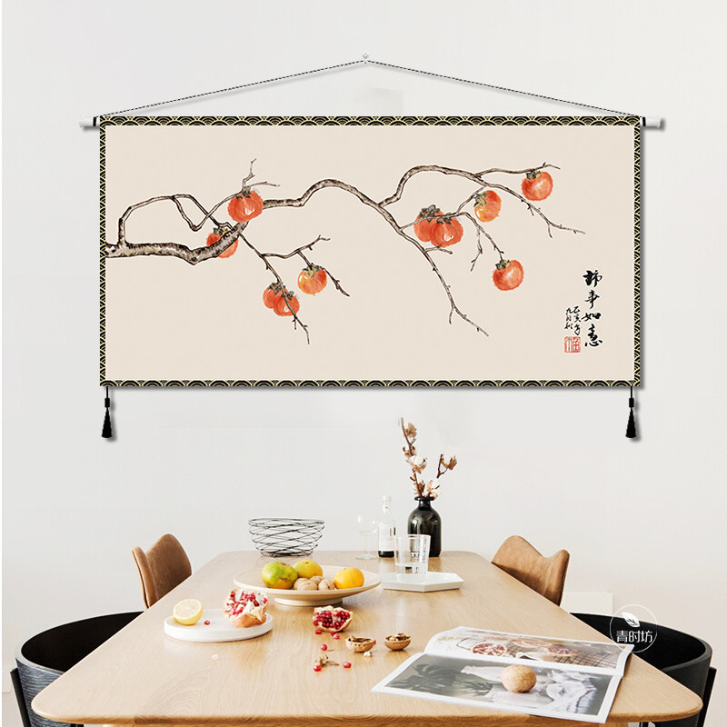 新中式事事如意装饰画床头沙发挂布背景布客厅卧室挂毯布艺挂画