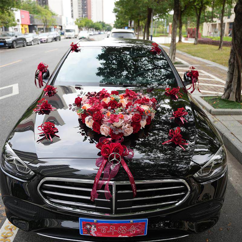 复古红空心爱心婚车装饰车头花结婚新娘全套花车装饰仿真花吸盘花