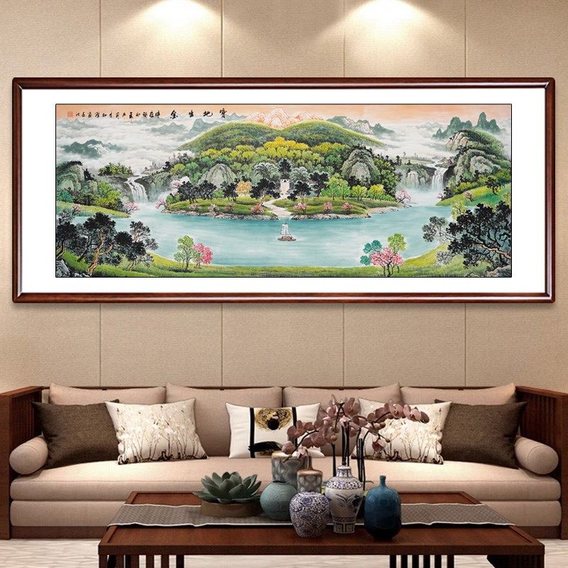 宝地生金聚宝盆山水画手绘国画风水靠山办公室客厅水墨画西墙挂画