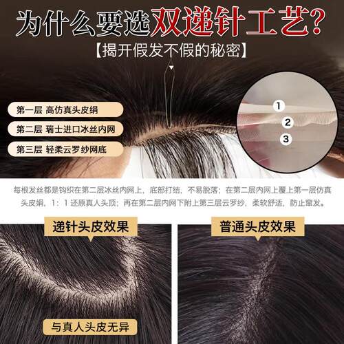 双递针头皮假发片女大发量直发片头顶遮白增量蓬松颅顶真发补发块