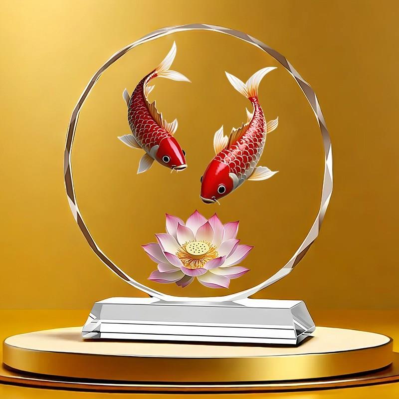 九鱼图连年有余水晶摆件家居装饰品乔迁开业客厅玄关荷花鲤鱼摆台