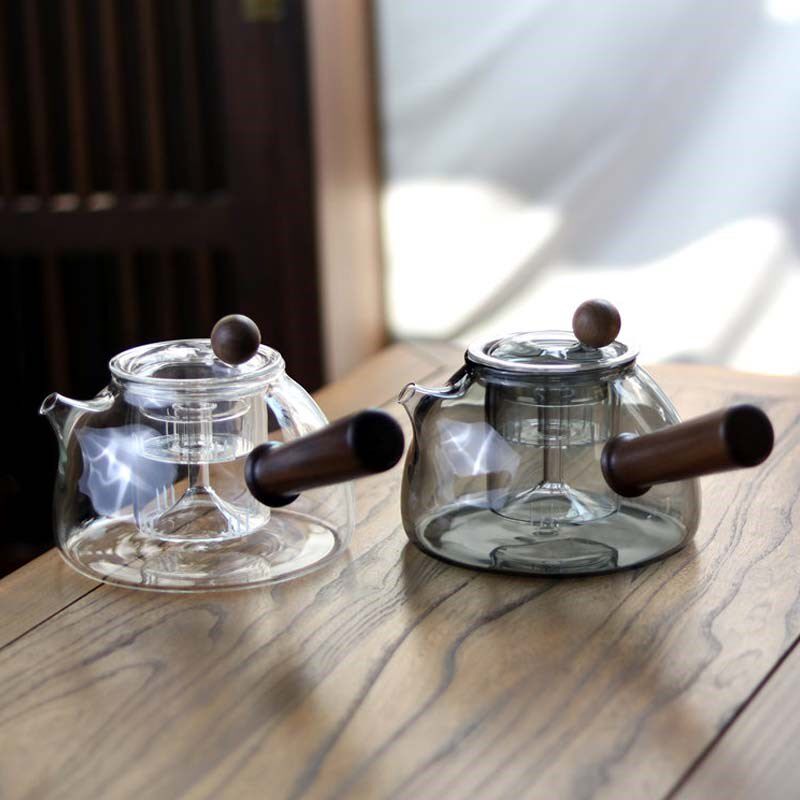 日式憨厚短嘴泡茶壶实木侧把蒸煮两用壶电陶炉煮茶壶耐热玻璃壶