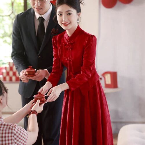 新中式敬酒服2024新款新娘回门红色订婚礼服女旗袍套装裙春季长袖