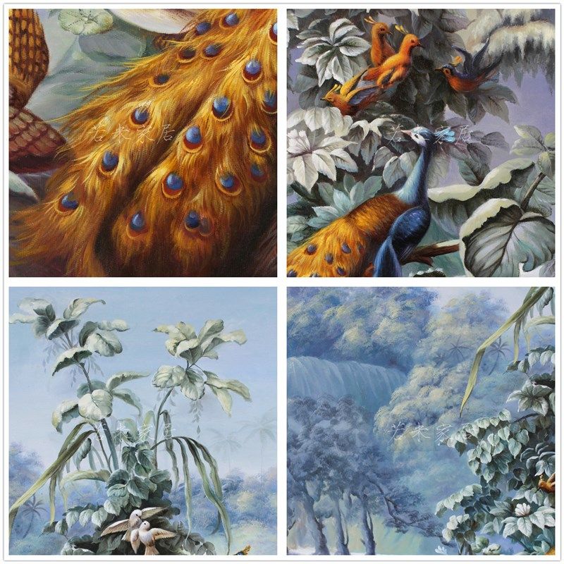 128x99欧式优雅法式蓝色调花鸟风景纯手绘油画玄关画沙发横壁炉画