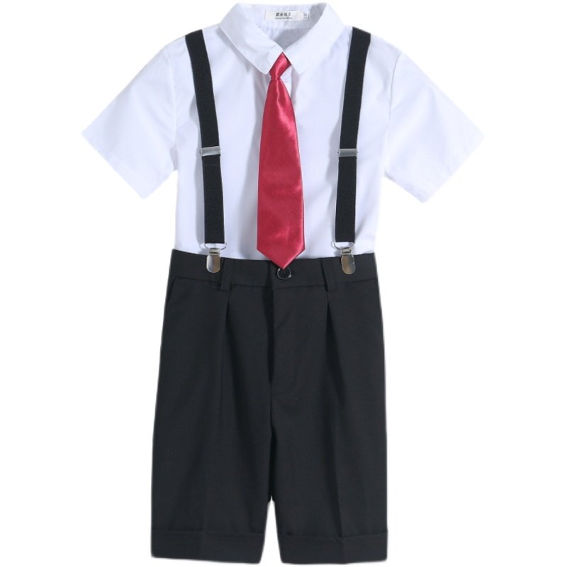 六一儿童演出服男童短白衬衫背带裤套装毕业照礼服大合唱服装夏季