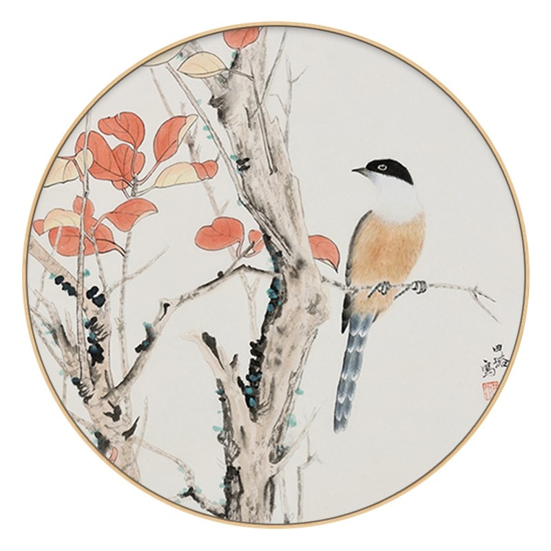 网红田璐新中式圆形挂画工笔花鸟实木框墙饰玄关茶室墙面中国风装