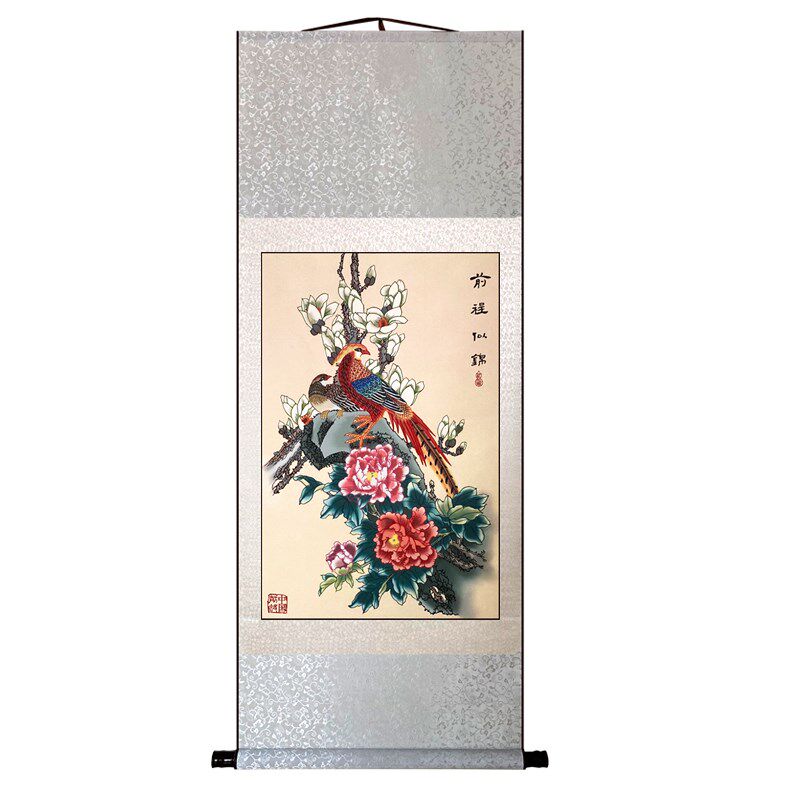 中国风特色手工丝绸剪纸画轴家居装饰工艺品彩色套色前程似锦出国