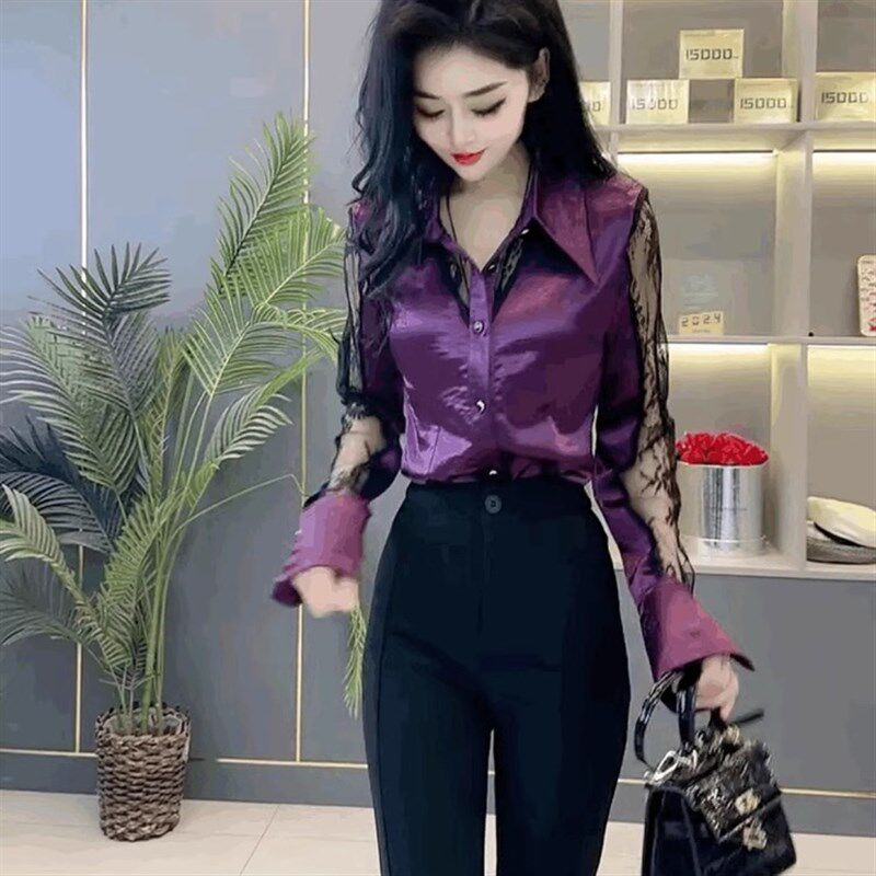 法式设计感蕾丝拼接衬衫女修身显瘦内搭气质打底衫POLO领紫色上衣