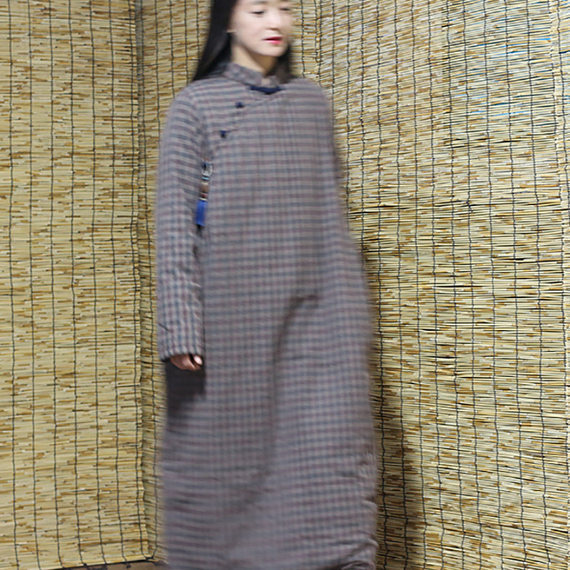 【岁月悠香】蓝咖色织格子夹棉袍长棉衣冬裙复古中式宽松旗袍茶服