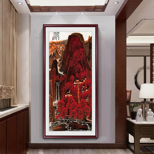 万山红遍竖版玄关装饰画办公室山水画入户玄关挂画过道走廊墙壁画