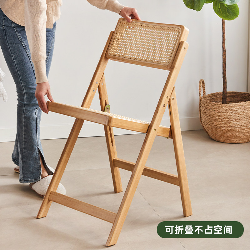 日式休闲可折叠椅子家用阳台餐椅楠竹实木藤编靠背野餐露营小凳子