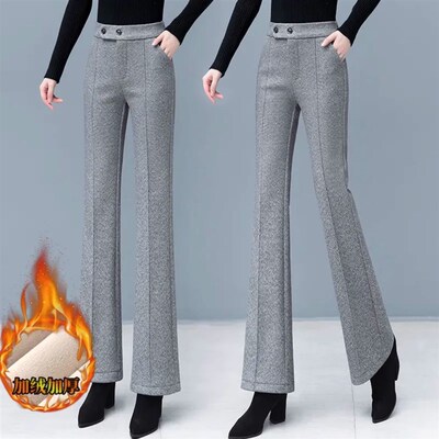 加绒加厚毛呢微喇裤女秋冬2024新款裤子高腰显瘦时尚保暖休闲裤