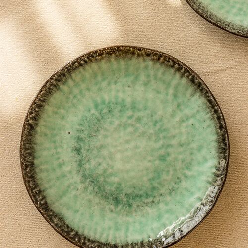 日式绿色窑变粗陶圆盘釉下彩面碗沙拉碗家用早餐盘下午茶甜品盘微