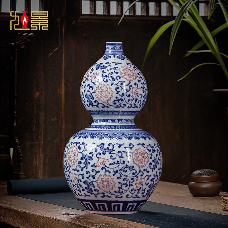 景德镇陶瓷器青花瓷花瓶釉里红复古新中式瓷瓶客厅电视柜瓷器摆件