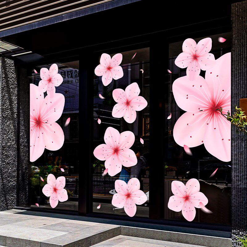 春季浪漫樱花玻璃门装饰贴纸商场服装店橱窗氛围布置静电无胶贴画