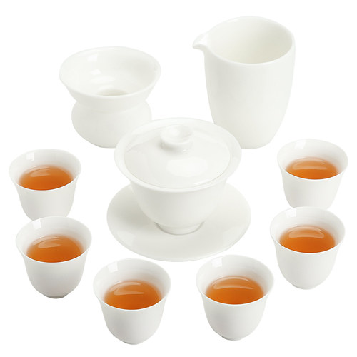 手工白瓷功夫茶具套装现代简约家用陶瓷茶艺教学培训泡茶盖碗礼盒