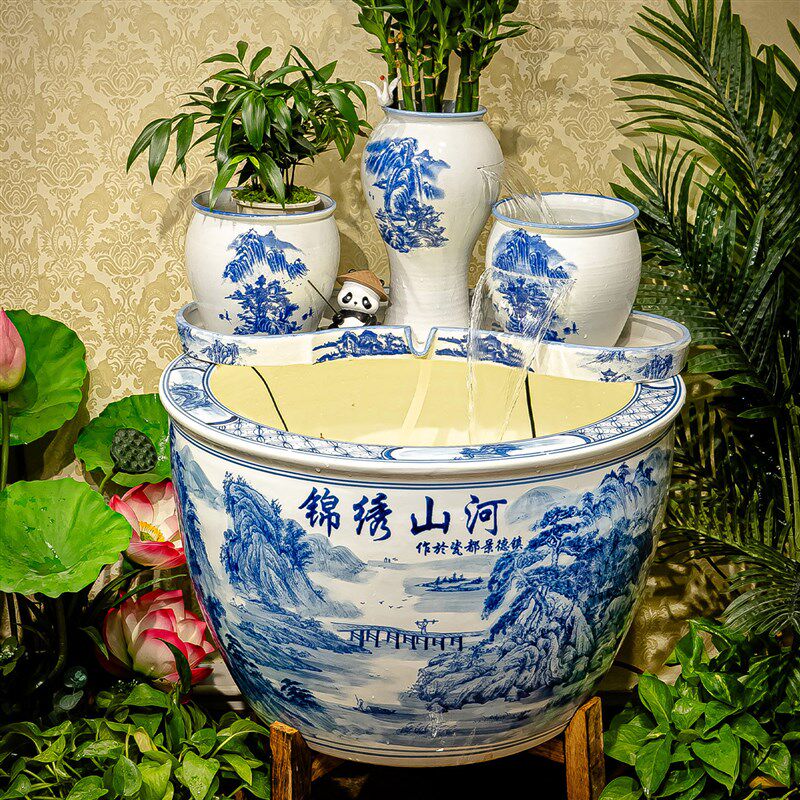 陶瓷流水摆件造景古法全套鱼缸活水庭院循环水雾化招财装饰摆件