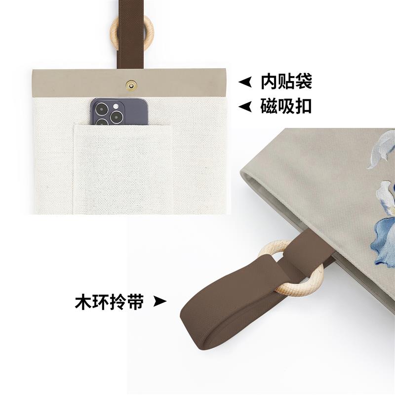 国潮中国风鸢尾花木环手提水桶帆布袋上班杂物小拎包复古手拎布袋