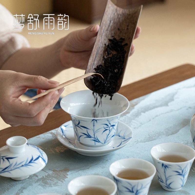 甜白瓷手绘青花竹子三才盖碗陶瓷盖碗茶杯功夫茶具大号家用泡茶碗