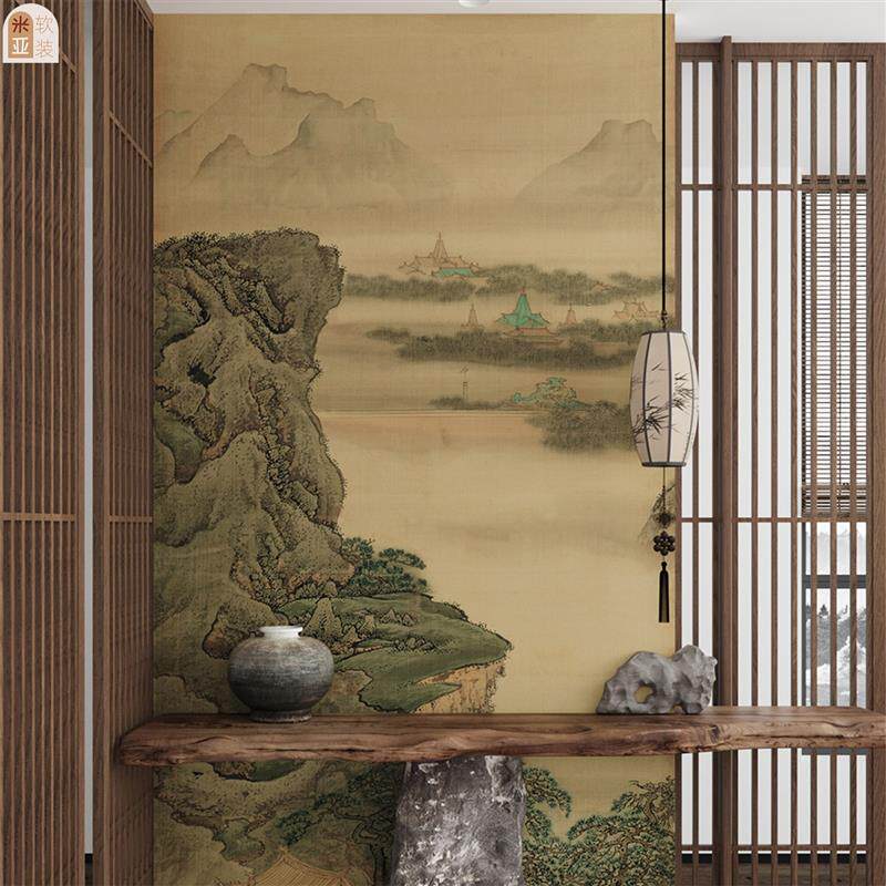 山水画古画玄关墙面装饰贴画茶室中国画阿房宫背景墙客厅贴纸定制