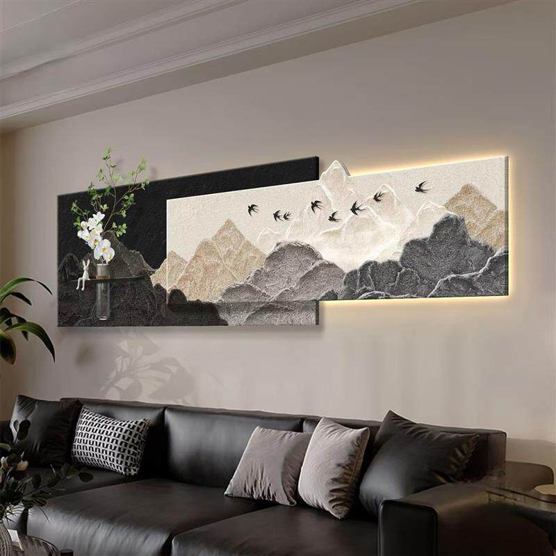 背有靠山客厅装饰画水培绿植沙发背景墙挂画立体砂岩叠加发光壁画
