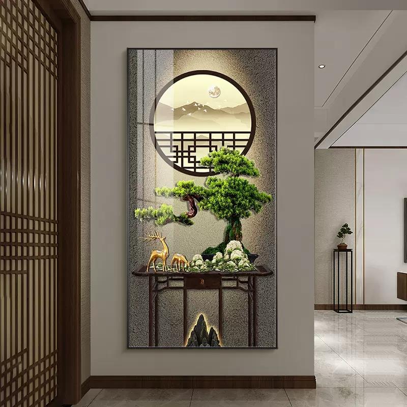 轻奢大气玄关钻石画2025新款满钻迎客松玄关入户金鹿新中式钻石秀