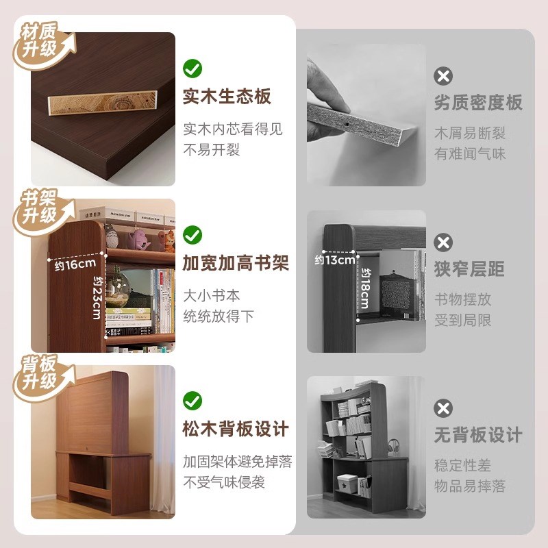 实木书桌梳妆台卧室女生桌子学生家用学习桌书房电脑桌带书架一体