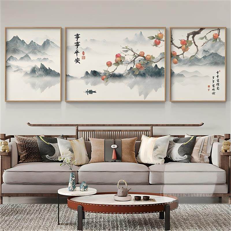 新中式客厅装饰画沙发背景墙挂画高档水墨山水风景国画大三联壁画