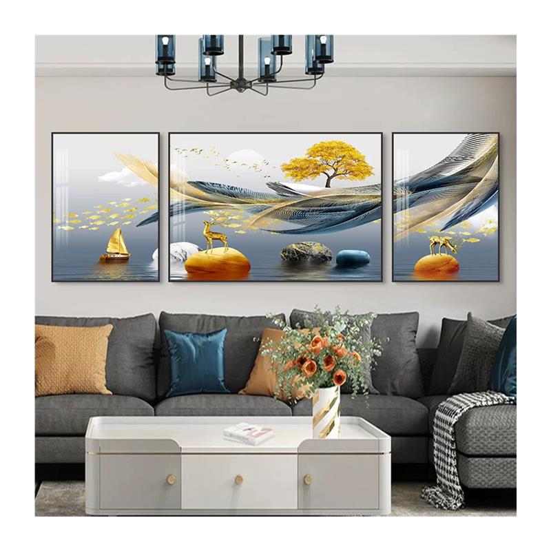 轻奢风客厅装饰画现代简约沙发背景墙挂画北欧麋鹿三联晶瓷画墙画