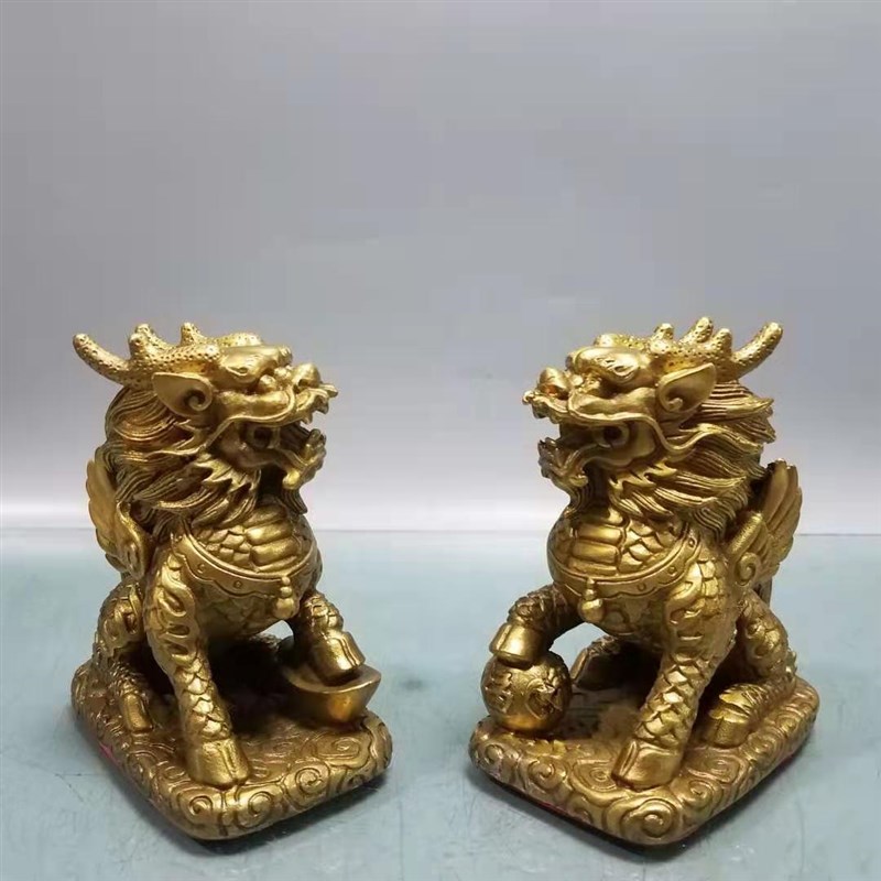 纯铜麒麟摆件一对公母送子麒麟客厅玄关办公室装饰品店铺开业礼品