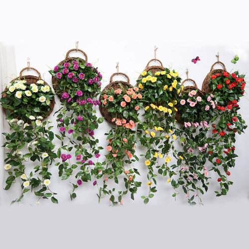 简约编织吊篮花盆仿真花套装创意墙挂手工藤编装饰品柳编壁挂花篮