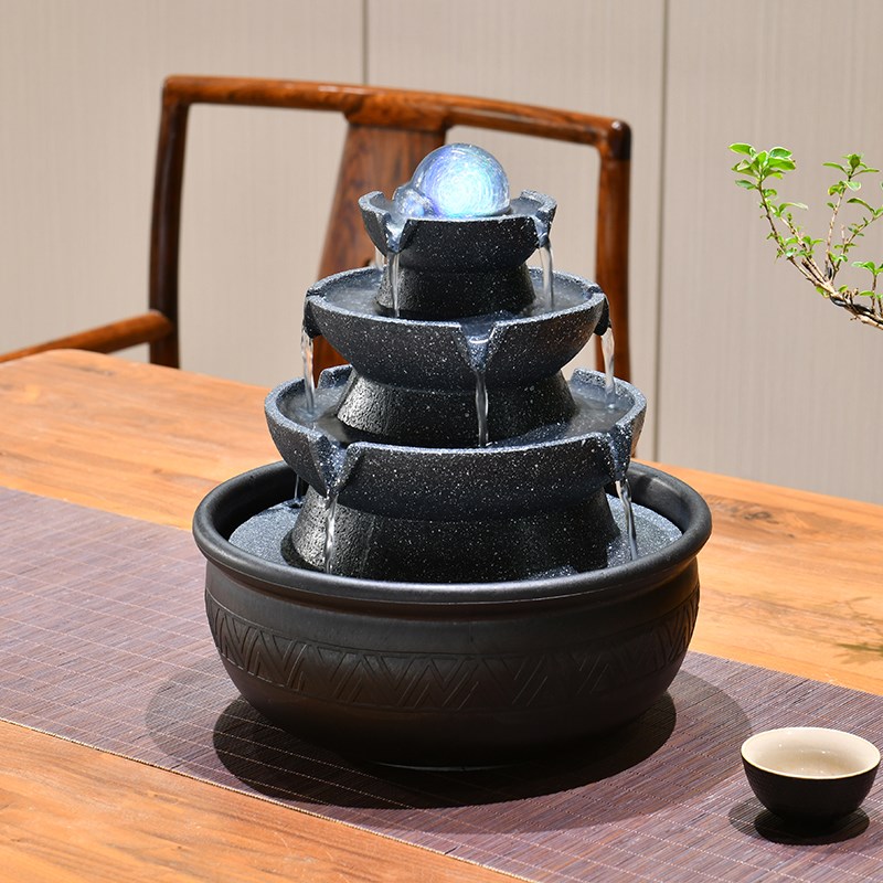 八方来财循环倒流水摆件桌面设时来运转珠生财水晶球旋动小风水轮