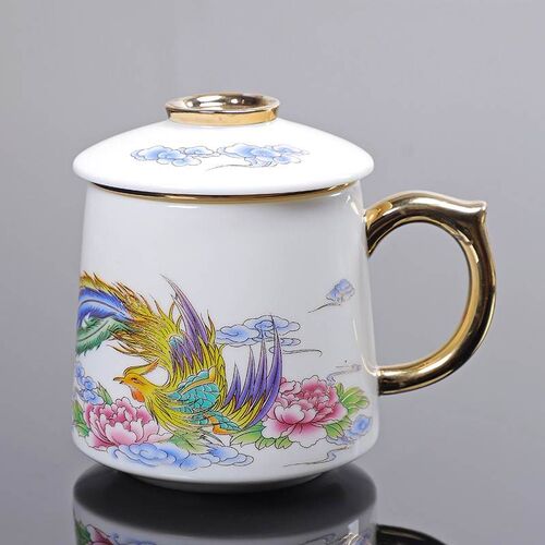 羊脂玉茶杯陶瓷主人杯茶水分离个人杯套装鎏金杯垫水杯德化白瓷杯