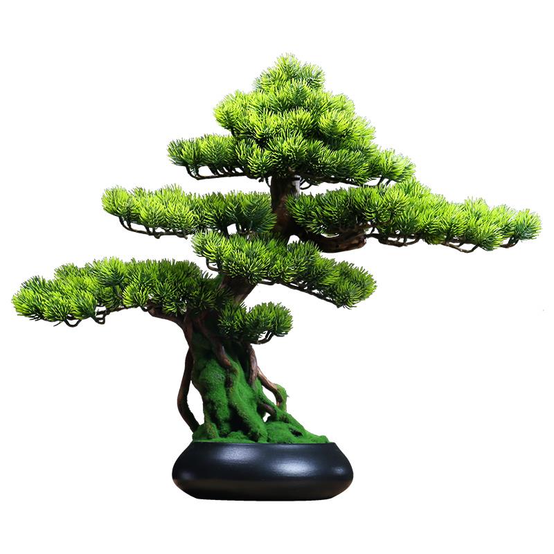 新中式仿真迎客松盆景摆件客厅仿生绿植物松树盆栽办公室崖柏装饰