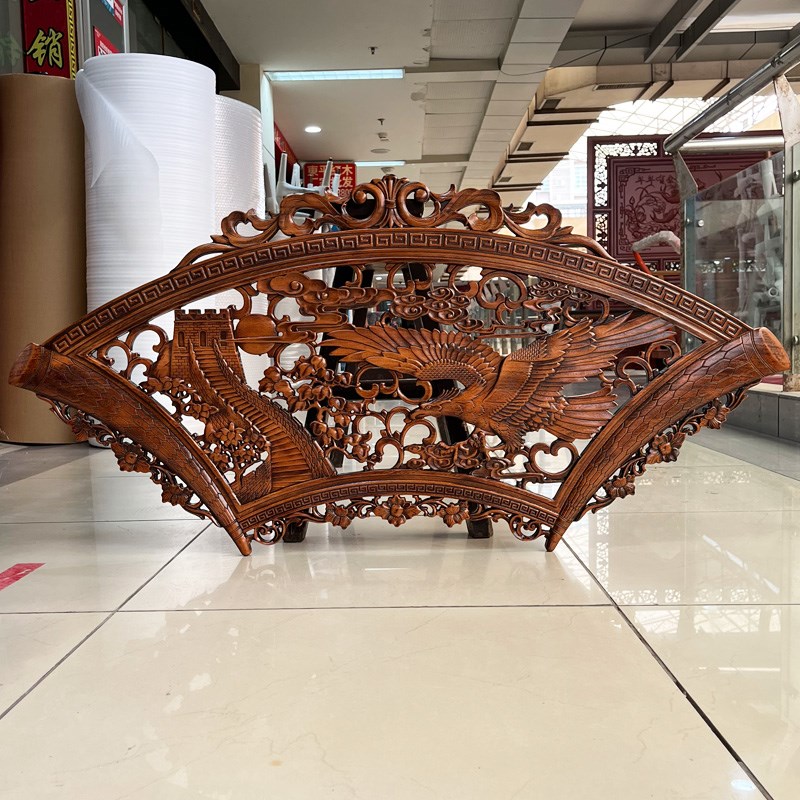 东阳木雕挂件香樟木壁画实木雕刻工艺品扇形电视背景墙挂画四季福