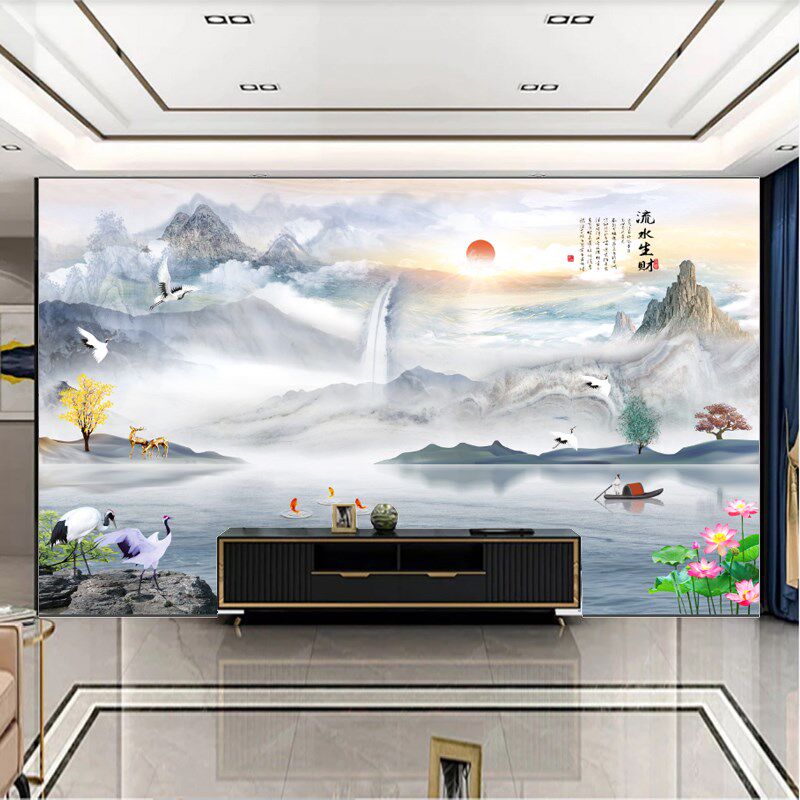 2024新中式客厅电视背景墙壁画壁纸8D壁布大气网红山水画墙纸墙布