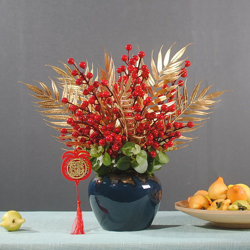 仿真花红果金色叶子装饰花发财果假话花餐桌摆件花茶几人造花浆果