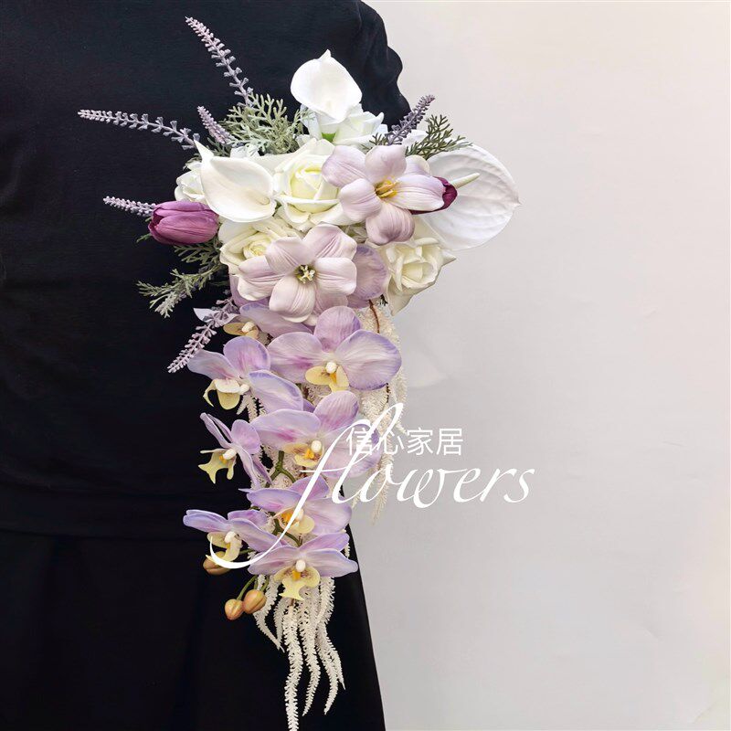 紫色瀑布手捧花仿真花高级新娘结婚当天摄影拍照假花束保湿玫瑰花