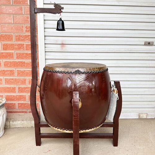 椿木黄牛皮铃钟鼓道场寺庙用鼓法器带帝钟实木鼓架诵经鼓佛具用品