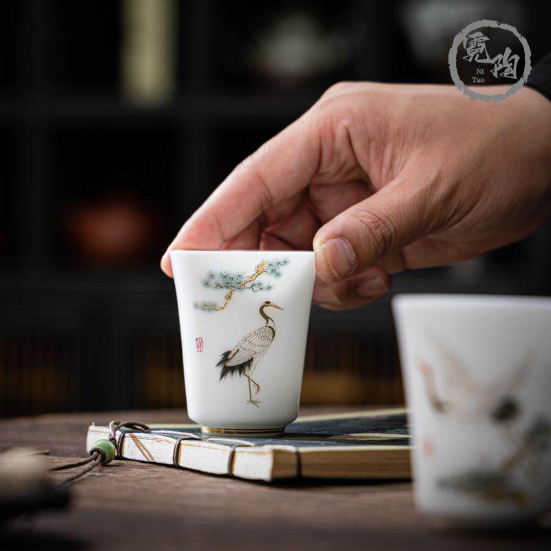 德化高档冰种羊脂玉瓷仙鹤描金品茗杯白瓷闻香杯聚香杯主人杯茶具