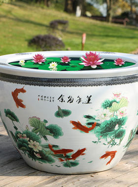 景德镇陶瓷鱼缸乌龟缸盆大号青花养金鱼缸睡碗莲盆书画荷花缸风水
