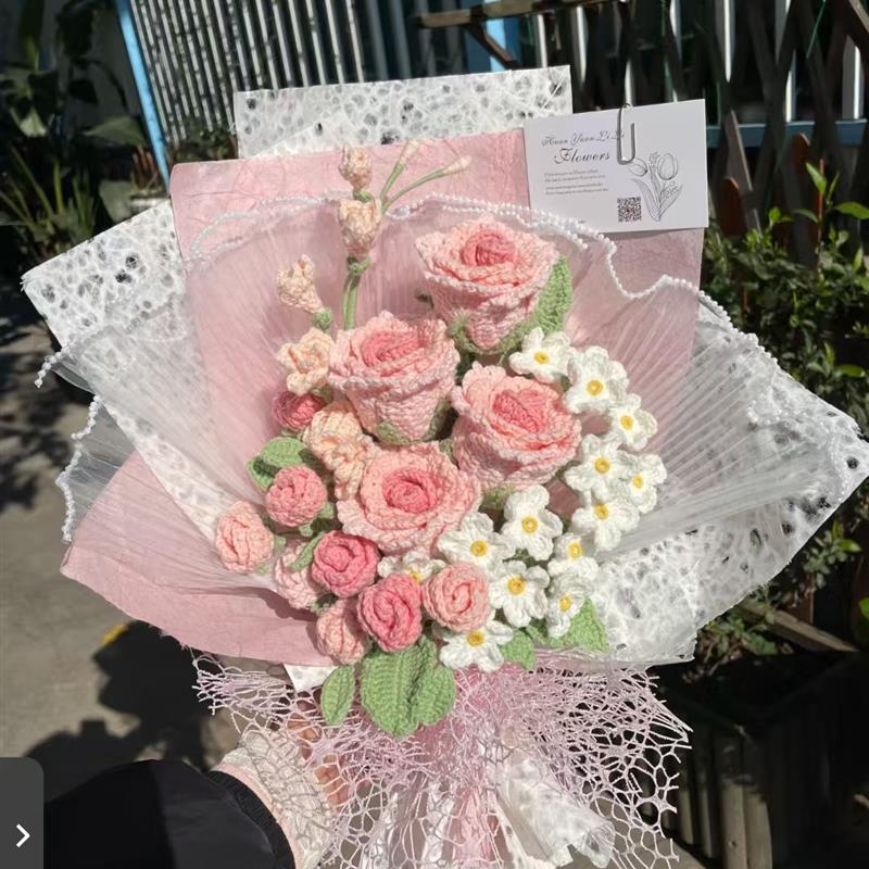 成品精品复古花束毛线钩织向日葵牡丹仿真花教师节高端礼物跨境