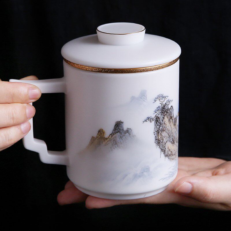 手绘羊脂玉茶杯陶瓷杯带盖白瓷茶水分离过滤办公室大容量水杯定制