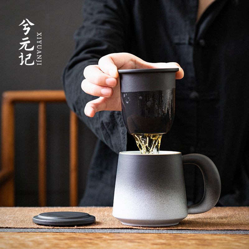 窑变黑白粗陶过滤茶杯个人专用陶瓷杯办公杯水杯带盖茶水分离杯子