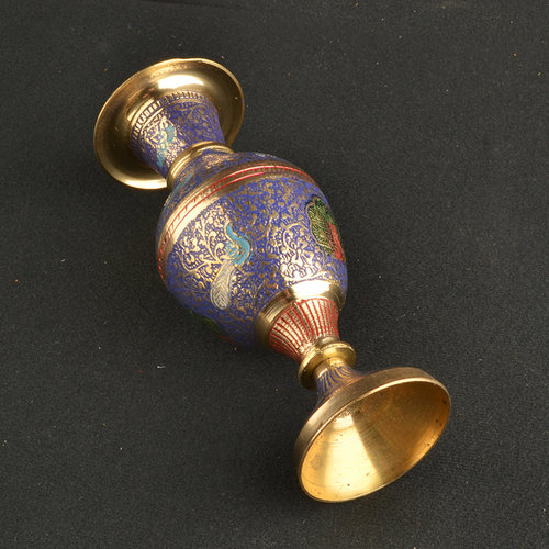 藏传印度铜器打结花瓶铜雕手工艺品孔雀漆彩铜花瓶礼品摆件
