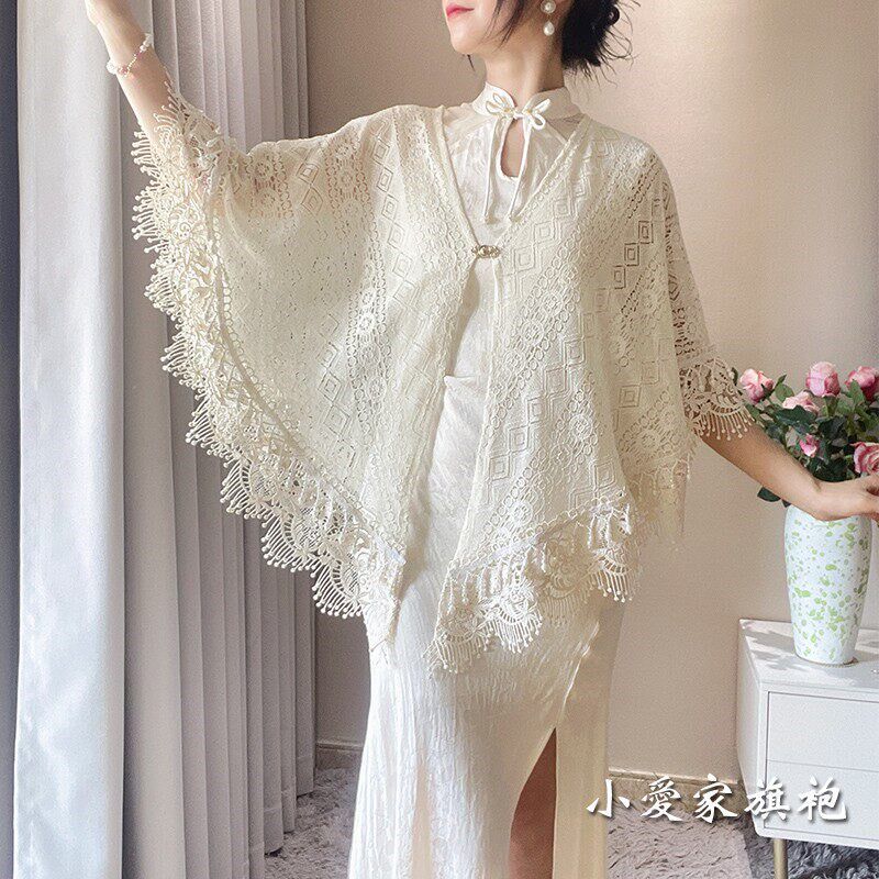 米色蕾丝配旗袍披肩外搭开衫高级感新中式钉珠高贵夏披风高端外套