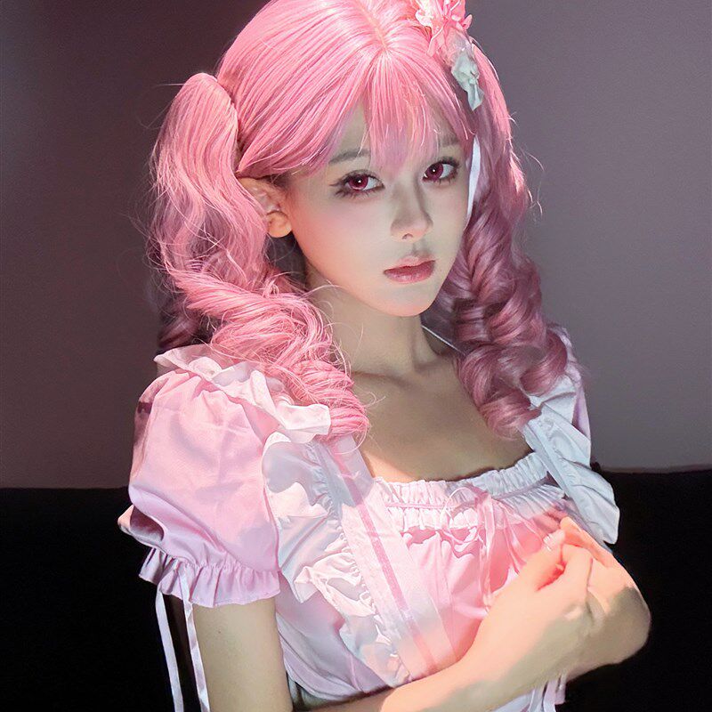 粉色假发双马尾罗马卷lolita洛丽塔doll感虎口抓夹长卷发大波浪毛