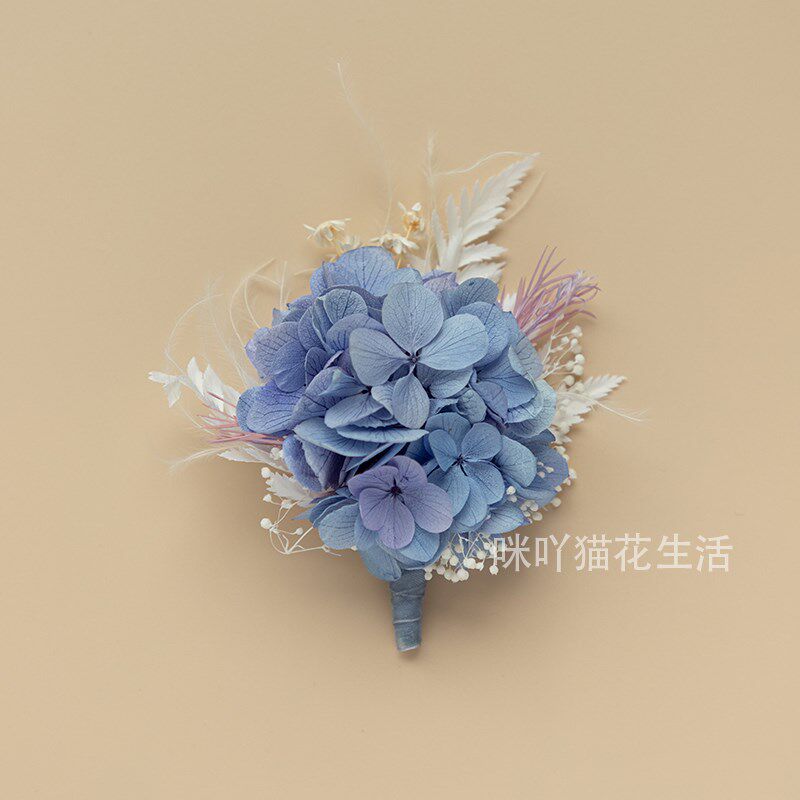 新郎胸花新娘手腕花结婚真花灰蓝紫色绣球伴郎襟花父母永生花胸针