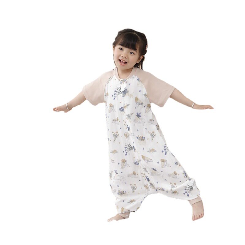 婴幼儿夏季短袖纱布分腿睡袋宝宝冷气房防踢被前厚后薄连体睡衣童