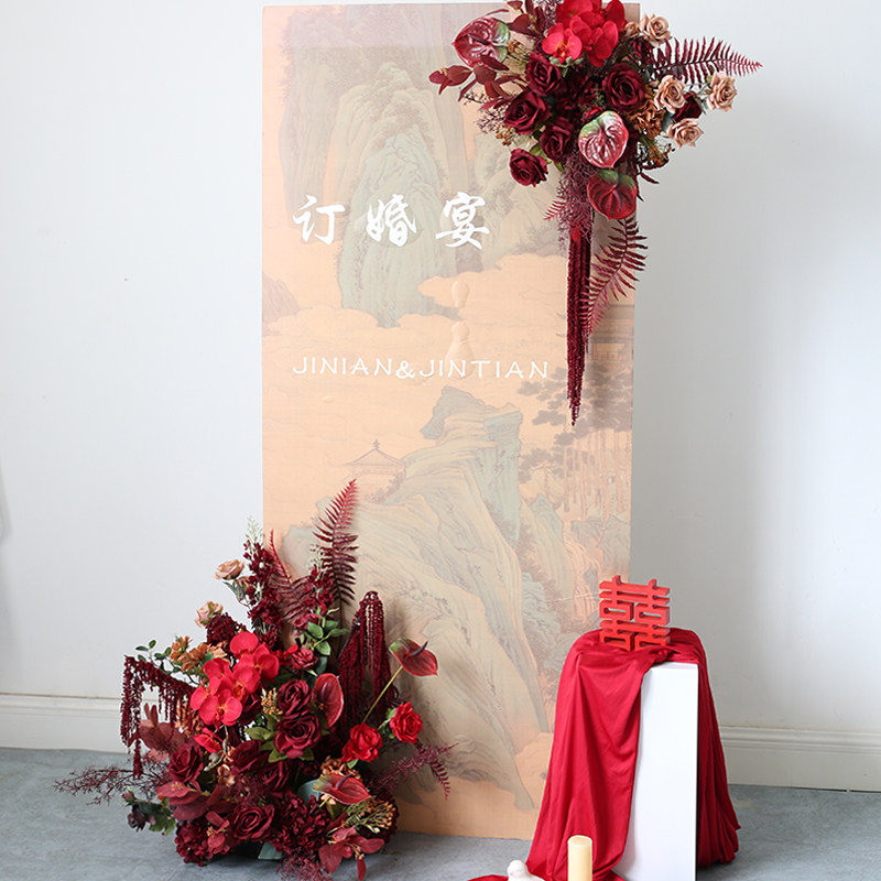 深红婚庆花艺组合仿真假花摆件场景布置婚礼商业迎宾花卉垂吊花排